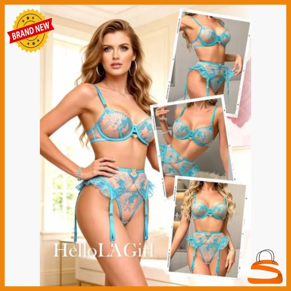 Small Lace Lingerie Set with Garter Belt, 3-Piece Floral Teddy